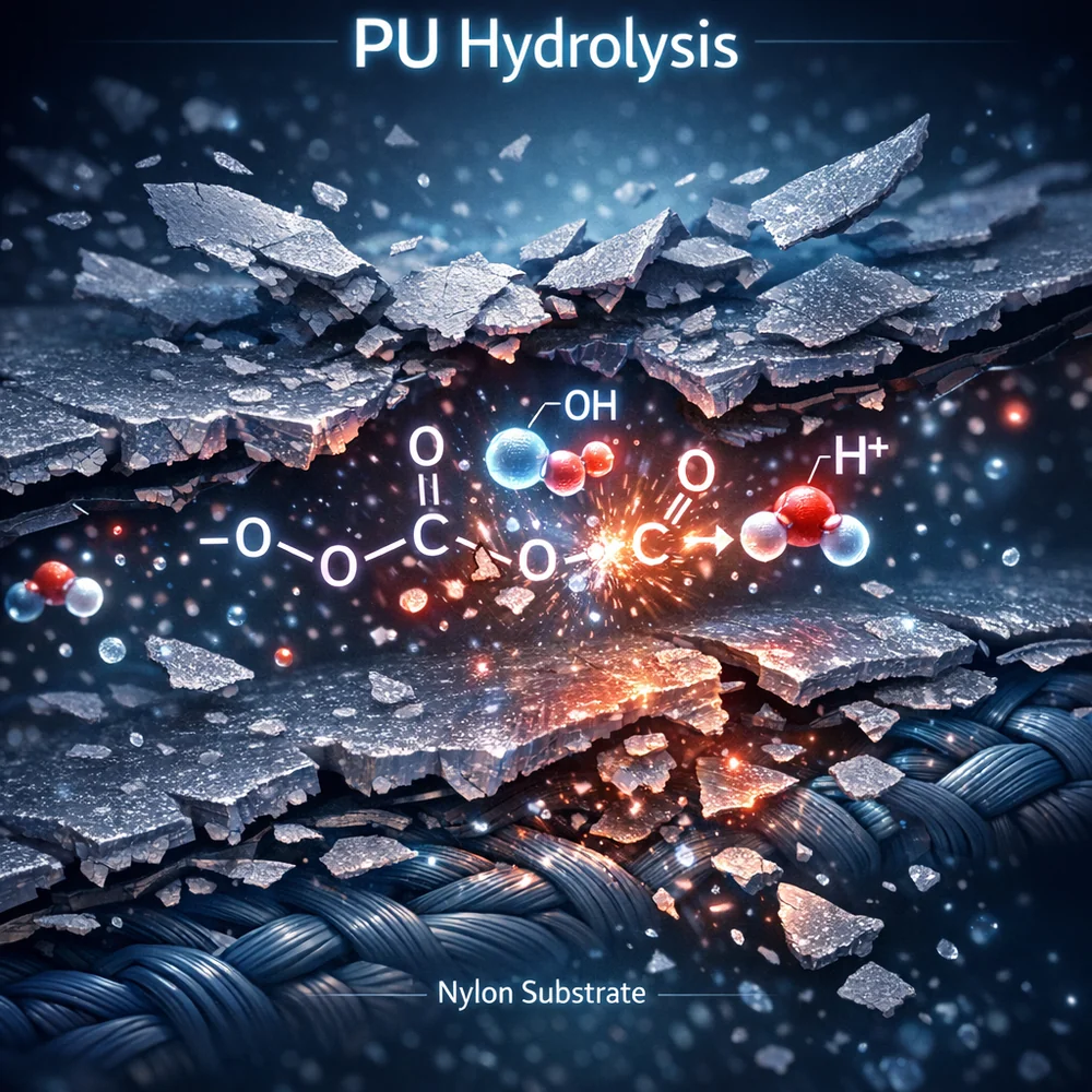 Scientific visualization of 'PU Hydrolysis'. Water molecules chemically breaking the ester bonds in a polyurethane coating, causing it to flake away from a nylon substrate (delamination). High-tech medical animation style, glowing molecules, 8k.