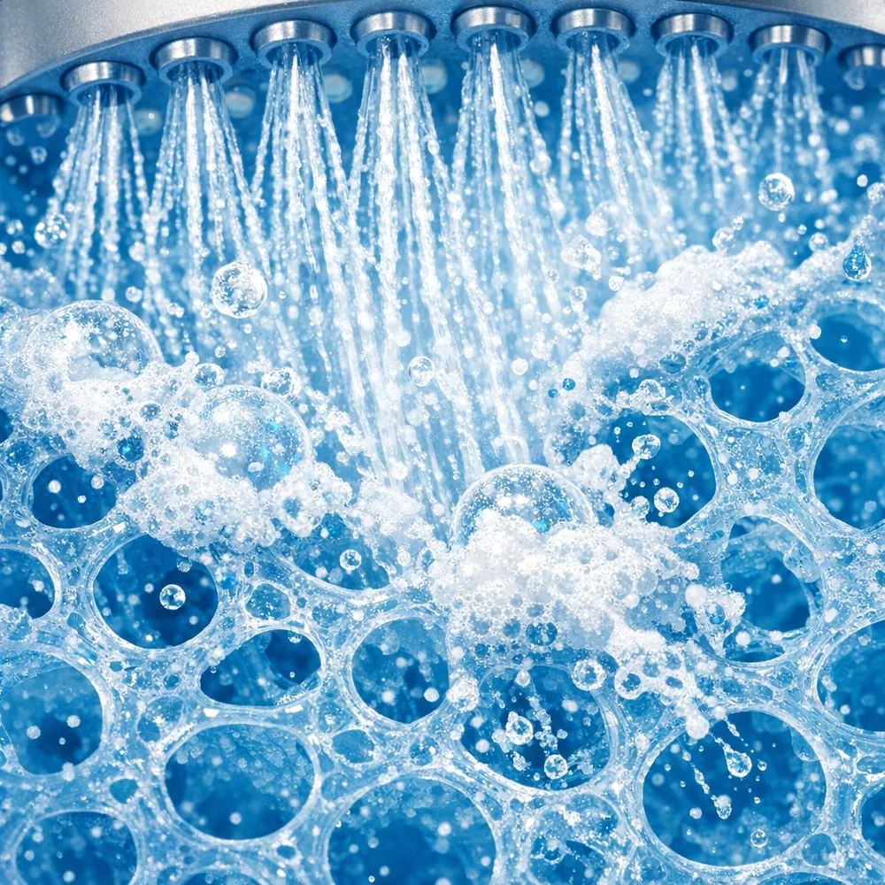 Microscopic view of 'Open-Cell Foam' matrix being rinsed. Shows detergent residues trapped in the pores and being flushed out by hydro-static pressure from a shower head. Technical liquid dynamics render, clean lab aesthetic, vivid blue.