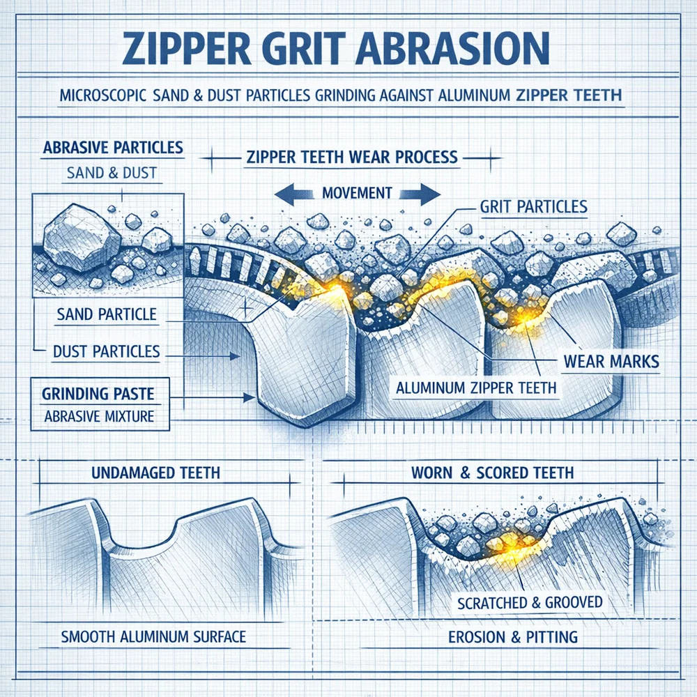 Technical diagram of 'Zipper Grit Abrasion'. Shows microscopic sand and dust particles acting as a grinding paste against aluminum zipper teeth during movement. Engineering blueprint style with wear-pattern highlights, clean and clinical.
