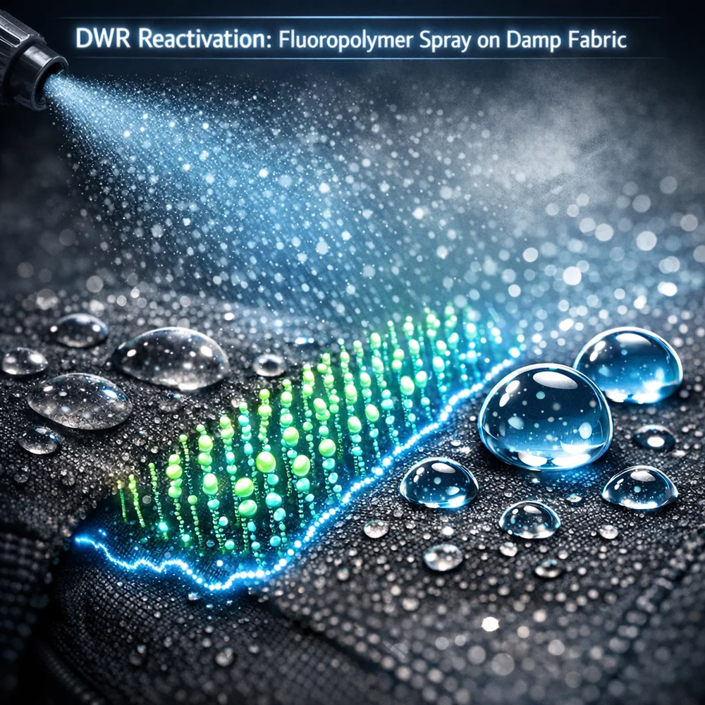 Visual representation of 'DWR Reactivation'. Applying a fluoropolymer spray to a backpack fabric while damp. Shows the molecules aligning to restore a high water-contact angle. technical optics visualization, glowing particles, photorealistic, 4k.