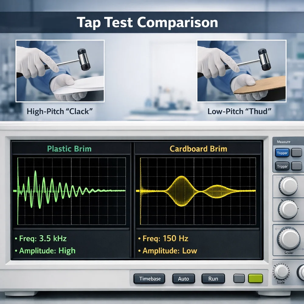 Diagnostic 'Tap Test' visualization. Illustrates the sonic frequency difference between a plastic brim (high-pitch clack) and a cardboard brim (low-pitch thud). Technical oscilloscope interface, clean lab aesthetic, professional medical photography backdrop.