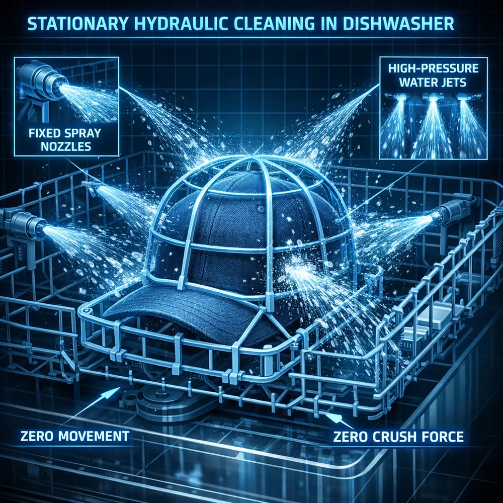 Scientific render of 'Stationary Hydraulic Cleaning' in a dishwasher. Shows water jets spraying a hat held in a 'cap cage' on the top rack, emphasizing zero movement and zero mechanical crush force. High-tech engineering schematic, luminous blue.