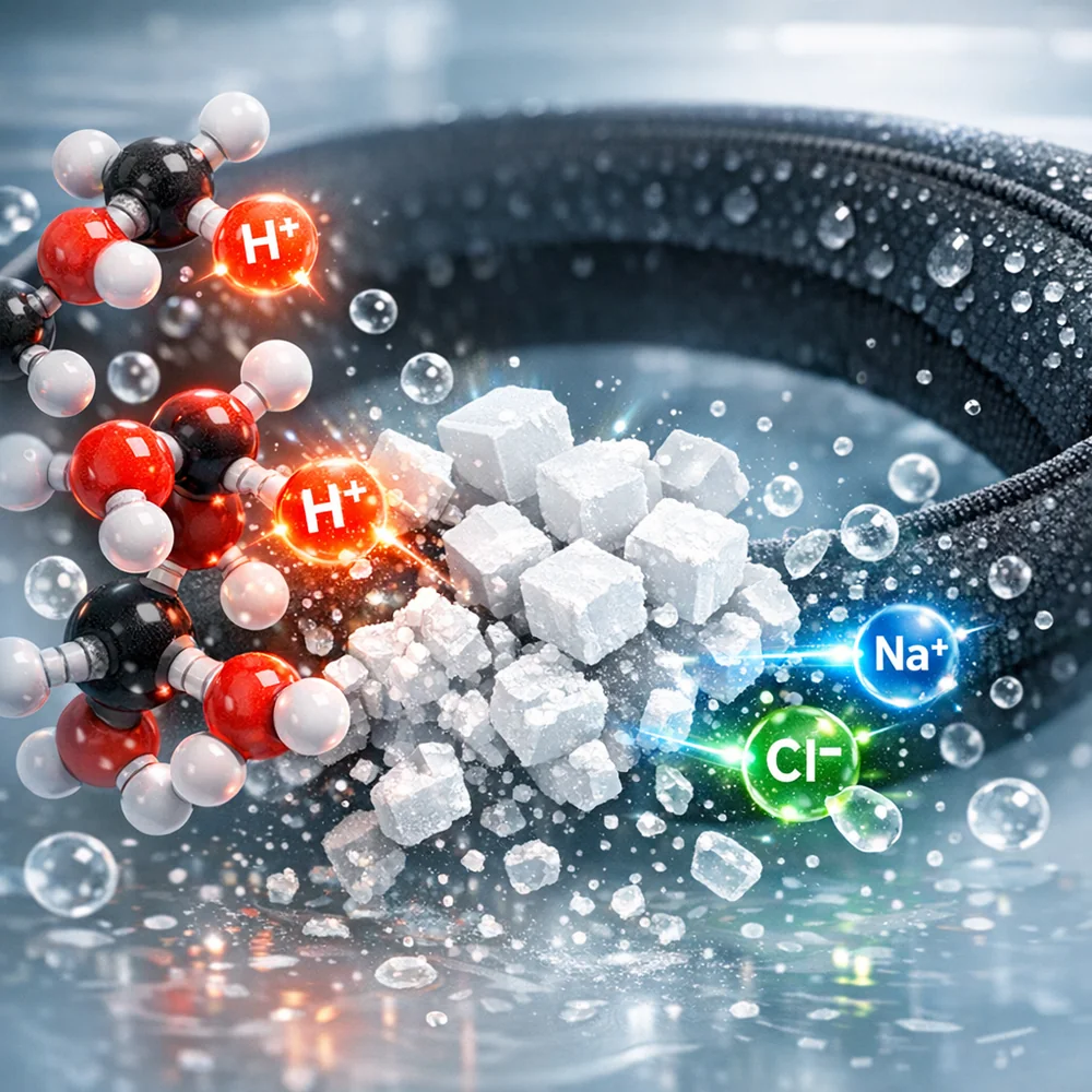 Molecular view of 'Sweat Salt Dissolution'. Dilute acetic acid (vinegar) molecules aggressively dissolving white sodium chloride (salt) crystals on a headband. High-tech medical animation style, glowing ionic bonds, clean lab aesthetic, 4k.