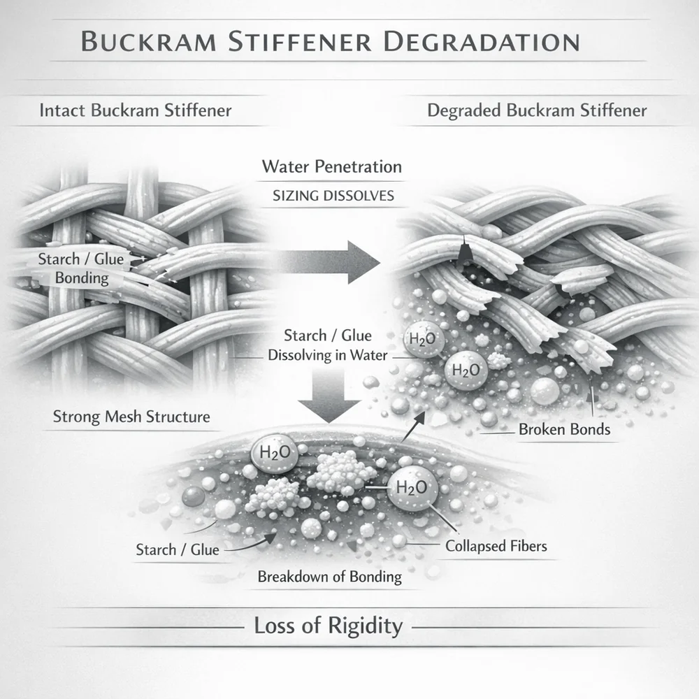Conceptual diagram of 'Buckram Stiffener' degradation. Shows starch/glue sizing agents dissolving in water, causing the woven mesh to lose its rigidity (collapse). Technical scientific rendering, microscopic view of fiber bonding, clinical grey and white palette.