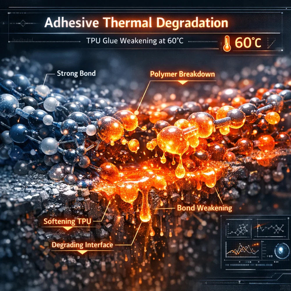 Molecular visualization of 'Adhesive Thermal Degradation'. Shows TPU (Thermoplastic Polyurethane) glue softening and losing its bond strength at 60C. Glowing heat indicators, technical engineering style, 8k resolution, photorealistic.