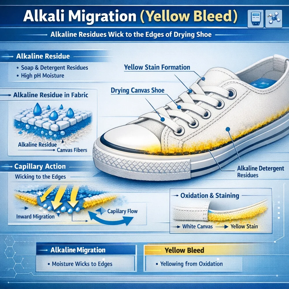 Technical diagram of 'Alkali Migration' (Yellow Bleed). Shows alkaline detergent residues wicking to the edges of a drying canvas shoe and oxidizing into yellow stains. Capillary action vectors, scientific interface, clinical blue and yellow.