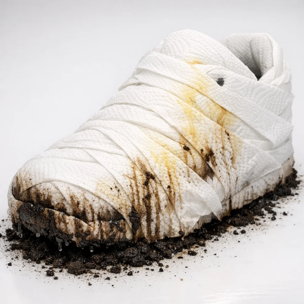 Visual representation of the 'Mummification' drying trick. Shows a wet sneaker wrapped in white paper towels, with dark soil and yellow residues wicking into the sacrificial paper layer via capillary force. 8k resolution, photorealistic clinical photography.