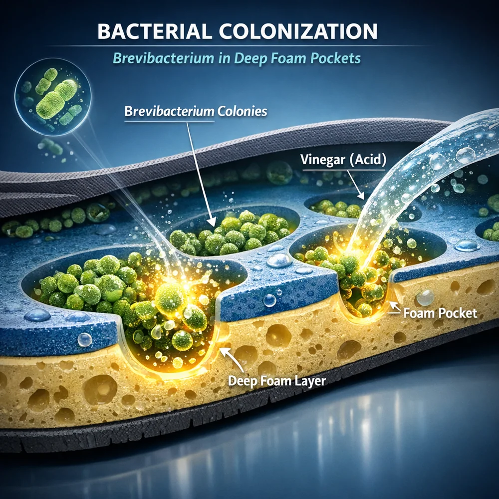 Diagnostic cross-section of a sneaker insole showing 'Bacterial Colonization'. Highlights of Brevibacterium colonies in the deep foam pockets being attacked by vinegar (acid). High-tech medical animation style, clinical and authoritative.