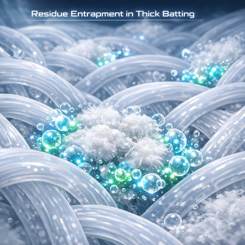 Molecular visualization of 'Residue Entrapment' in thick batting. Shows excessive detergent molecules trapped inside the fiber matrix, causing clumping of down clusters. High-tech medical animation style, glowing soap particles, clean lab aesthetic.