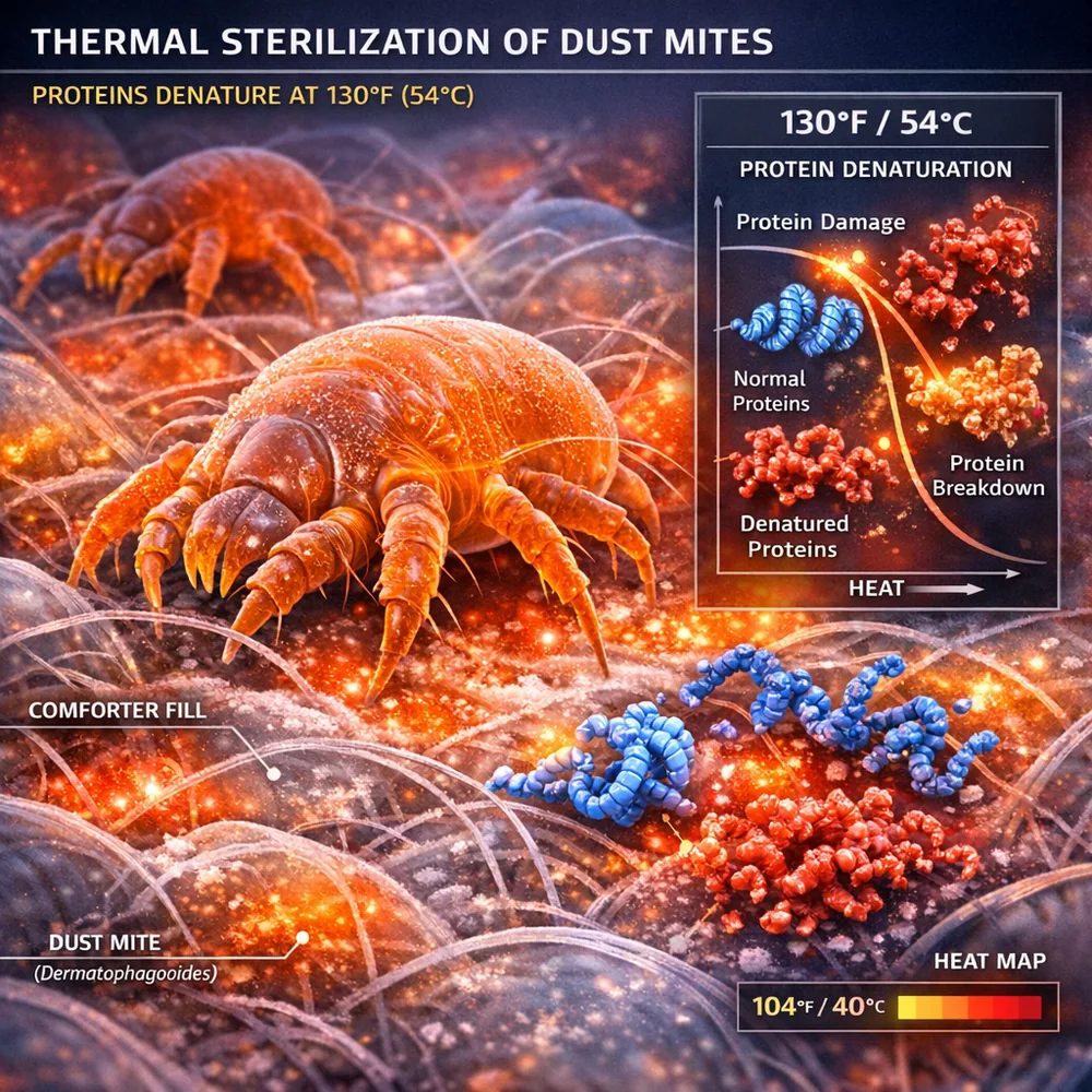 Scientific visualization of 'Thermal Sterilization' for dust mites (Dermatophagoides). Shows proteins denaturing at 130F (54C) within a comforter's fill. High-tech medical render, thermal heat maps, sharp focus on microscopic mite structures.