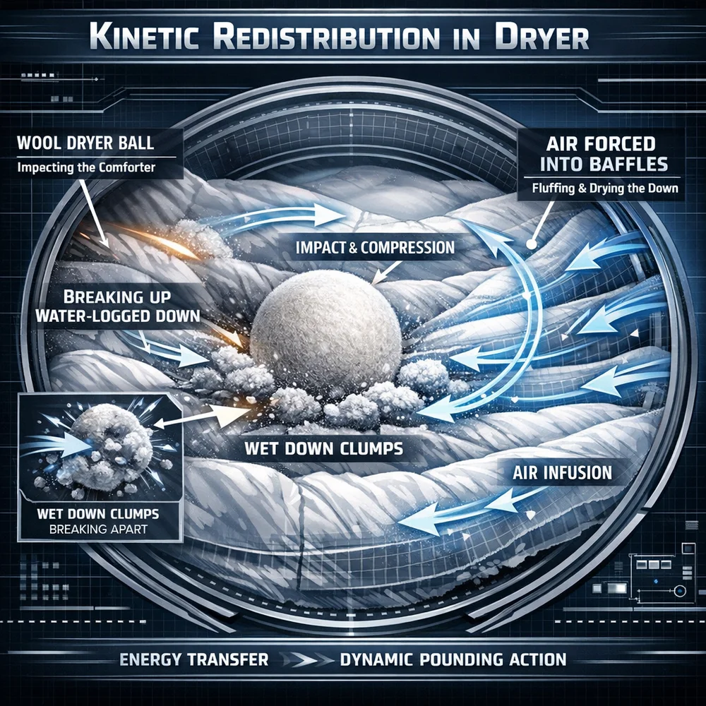 Conceptual diagram of 'Kinetic Redistribution' in a dryer. Shows wool dryer balls pounding a comforter to break up water-logged down clumps and force air into the baffles. High-tech engineering schematic, aerodynamic vectors, professional clinical lighting.