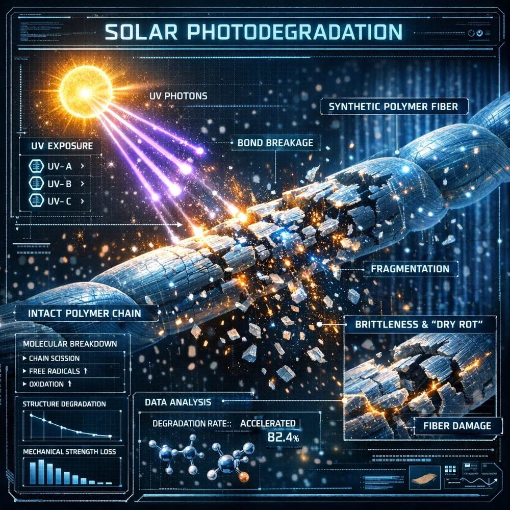 Scientific visualization of 'Solar Photodegradation'. UV photons attacking and fracturing the long-chain polymer bonds in a curtain's synthetic thread, causing brittleness and 'dry rot'. High-tech medical interface style, glowing particles, 8k resolution.
