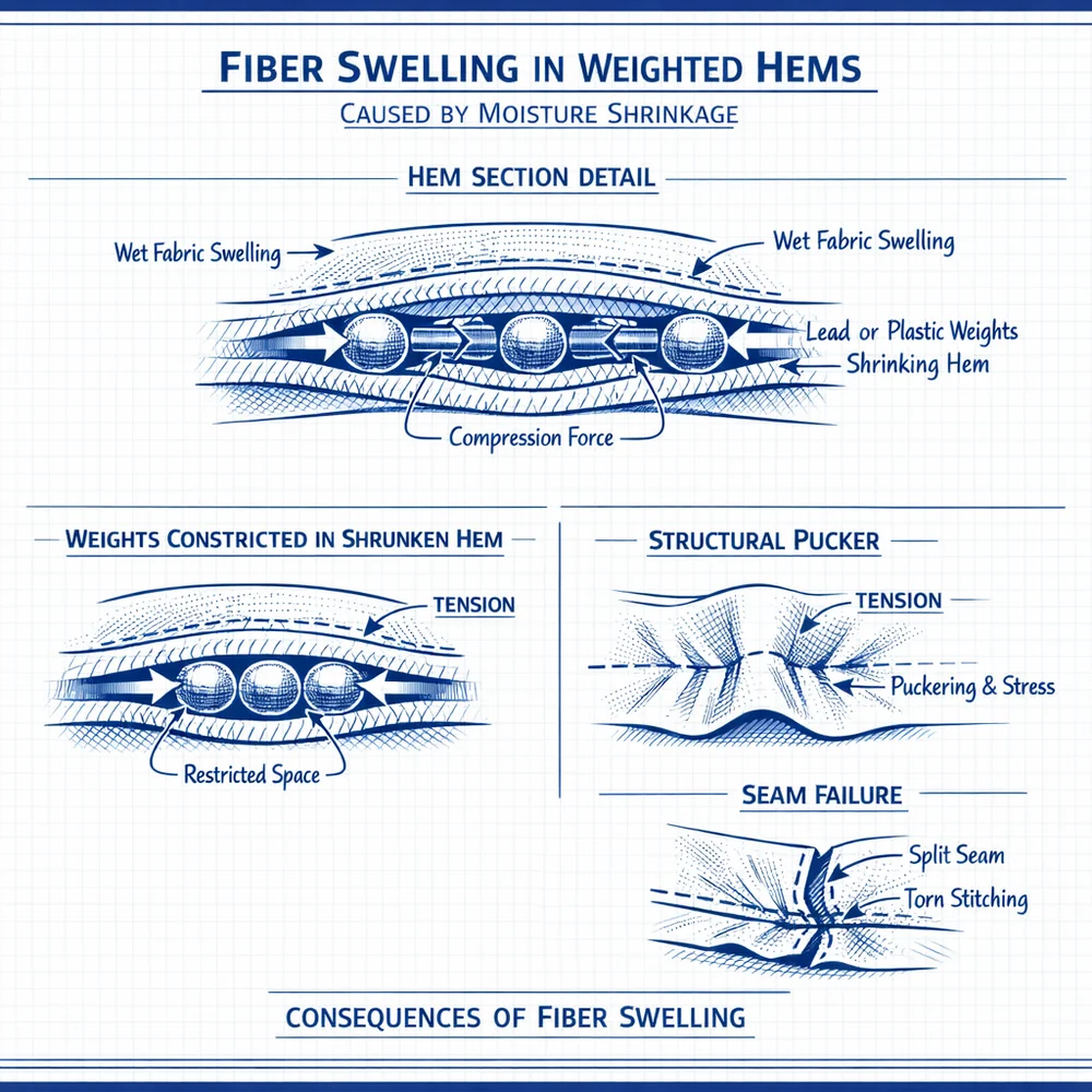 Technical diagram of 'Fiber Swelling' in weighted hems. Shows lead or plastic weights trapped in a shrinking hem, causing structural puckering and seam failure. Engineering blueprint style, tension markers, clinical white and blue.