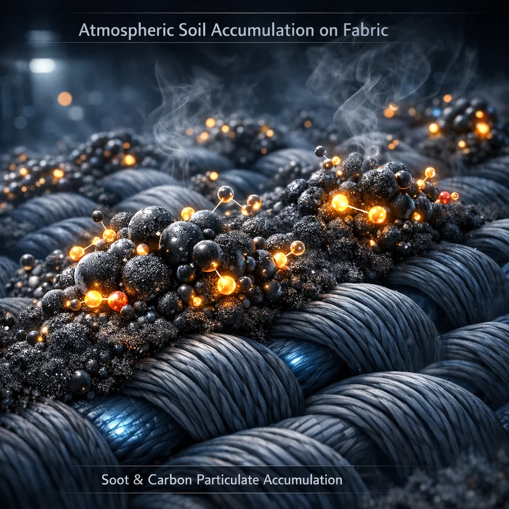 Molecular representation of 'Atmospheric Soil' (Soot and Carbon) accumulation on a fabric surface. Shows oily particulate matter bonding to the fibers over years of exposure. High-tech scientific rendering, glowing atoms, dark laboratory aesthetic.