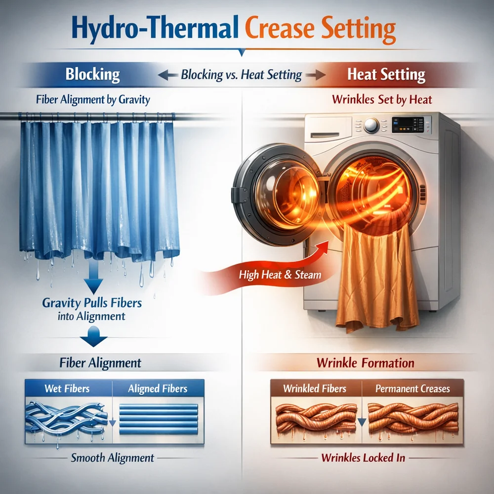 Visualization of 'Hydro-thermal Crease Setting'. Shows how hanging wet curtains allows gravity to naturally pull fibers into alignment (blocking), while heat from a dryer would set wrinkles permanently. technical optics visualization, professional lighting, 4k.