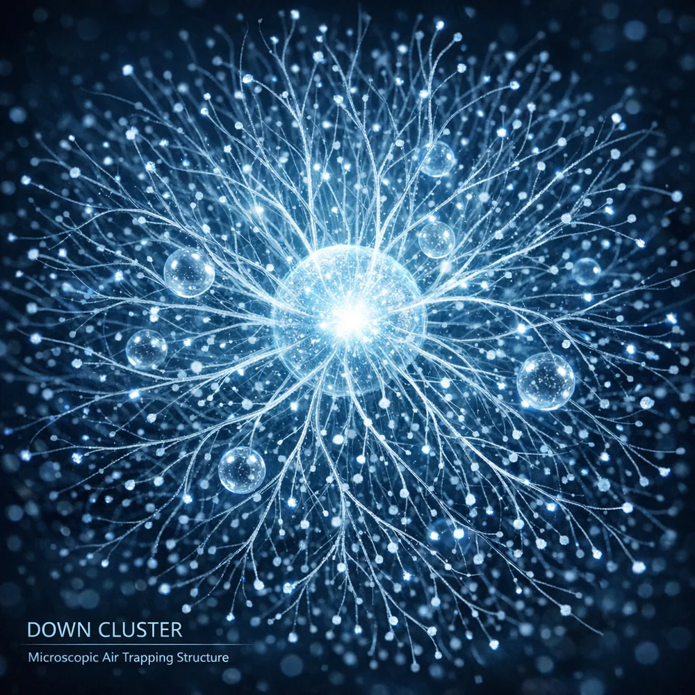 Scientific 3D model of a 'Down Cluster'. Shows the central node and thousands of tiny, branching filaments (barbucles) that trap microscopic air pockets for insulation. High-tech medical animation style, glowing nodes, dark blue aesthetic, 8k.