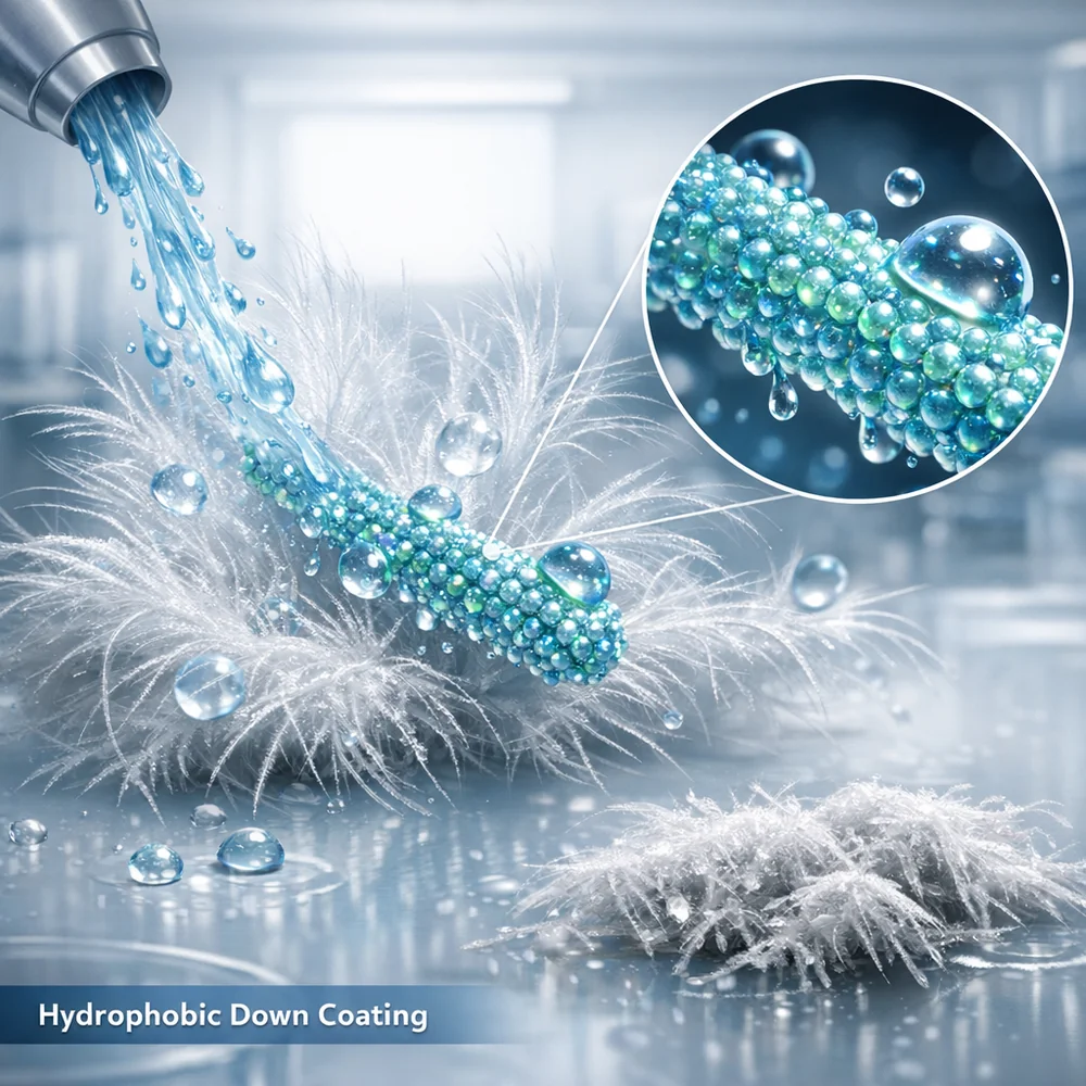Molecular visualization of 'Hydrophobic Down Coating'. Shows a specialized down-wash depositing a waxy, water-repellent layer on individual filaments, preventing clumping. Technical scientific rendering, shimmering molecular layer, clean lab aesthetic.