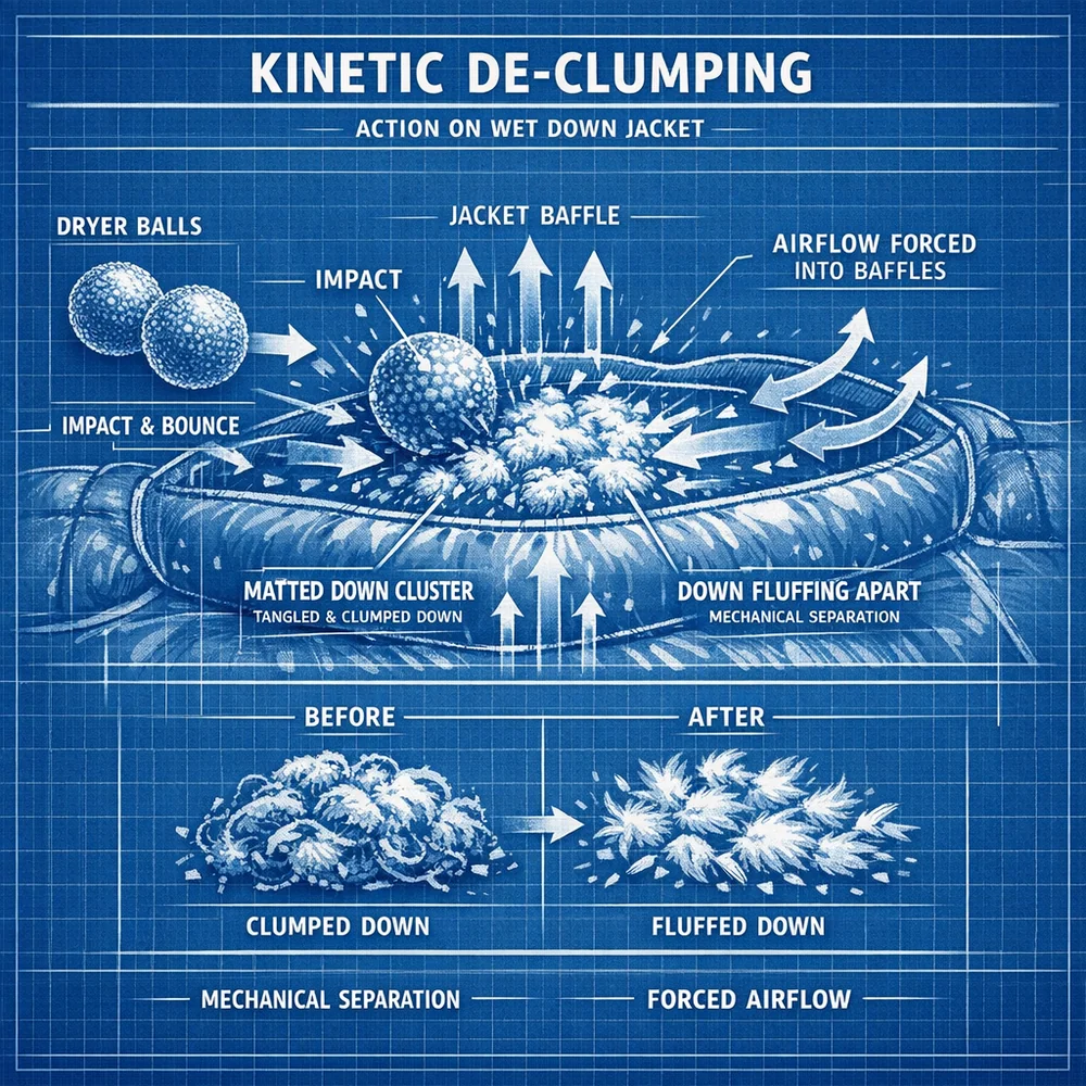 Technical diagram of 'Kinetic De-clumping'. Shows dryer balls impacting a wet down jacket, forcing air into the baffles and mechanically separating matted down clusters. Engineering blueprint style, airflow vectors, professional clinical lighting.