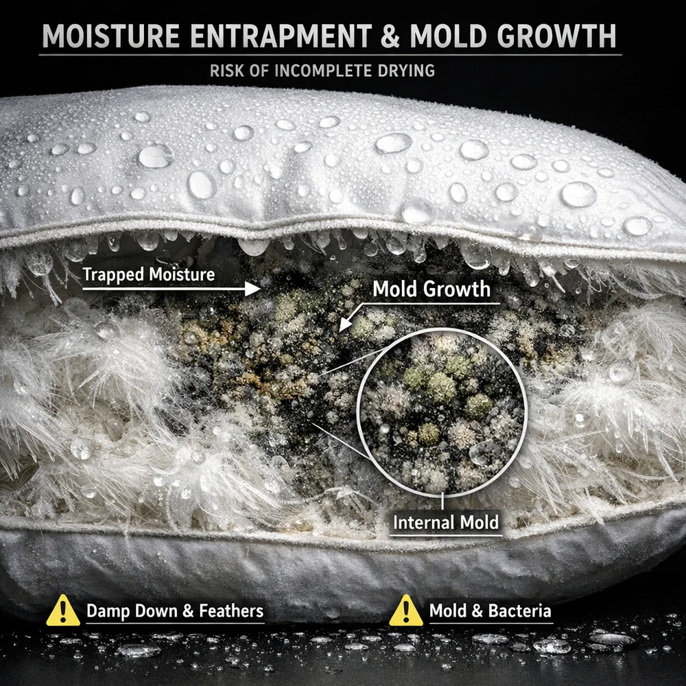 Laboratory photograph of a down pillow cross-section showing 'Moisture Entrapment' and internal mold growth. Highlights the risk of incomplete drying. High-contrast clinical visualization, 8k resolution, cautionary scientific tone.