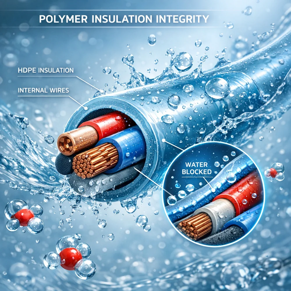 Molecular view of 'Polymer Insulation Integrity'. Shows high-density polyethylene insulation protecting internal wires from water ingress during the wash cycle. High-tech medical animation style, fluid dynamics, clean lab aesthetic, 4k.