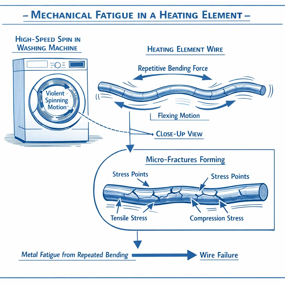 Technical diagram of 'Mechanical Fatigue' in a heating element. Shows how violent high-speed spinning in a washer creates 'micro-fractures' in the copper wire due to repetitive bending force. Engineering schematic style with stress markers, clinical blue.