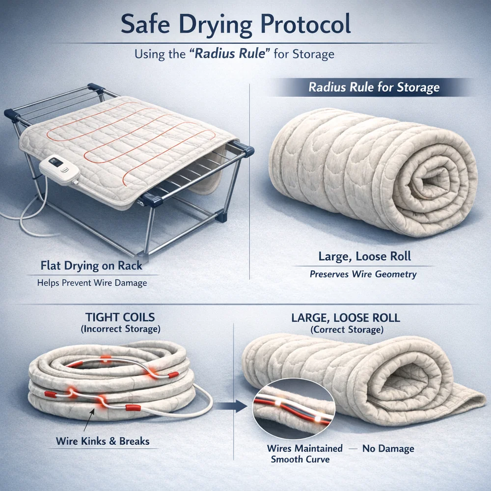 Safe drying protocol visualization. Shows an electric blanket placed flat on a drying rack, illustrating how the 'Radius Rule' for storage (large, loose rolls) preserves wire geometry. Technical scientific rendering, professional lighting, 8k resolution.