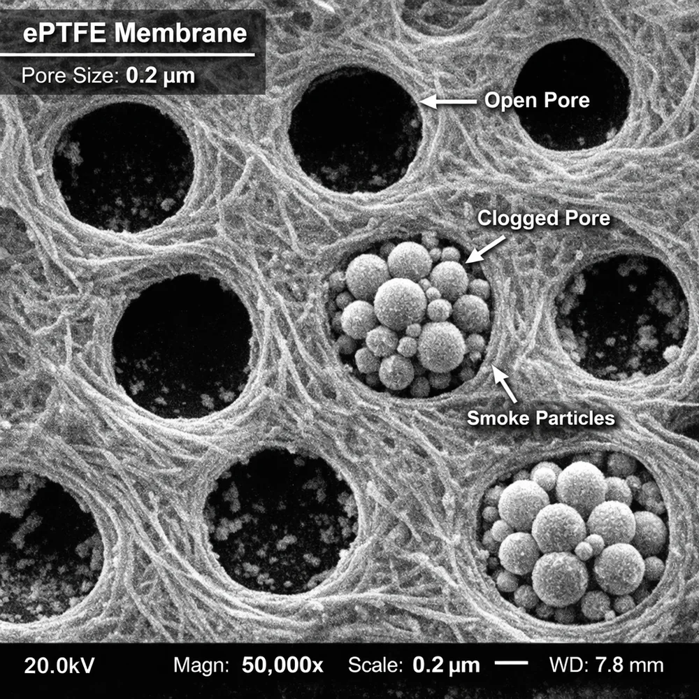 Scanning Electron Microscope (SEM) view of ePTFE membrane pores (0.2 microns). Some pores are clear, others are clogged with spherical smoke particles. High-contrast scientific imagery, technical data overlay, monochrome.