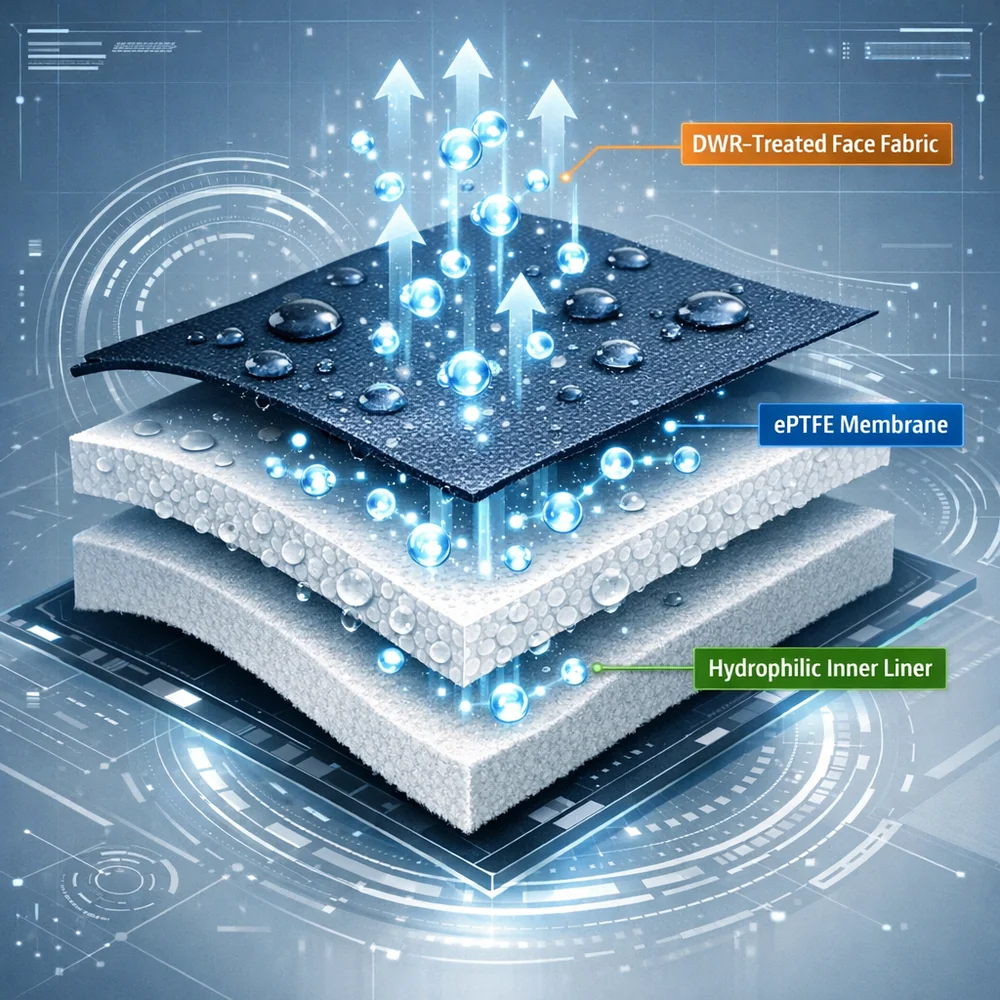 Cross-section 3D diagram of a 3-layer Gore-Tex fabric: Hydrophilic inner liner, ePTFE membrane, and DWR-treated face fabric. Moisture vapor molecules are shown moving through the layers. Glowing atoms, high-tech interface, clean lab aesthetic.