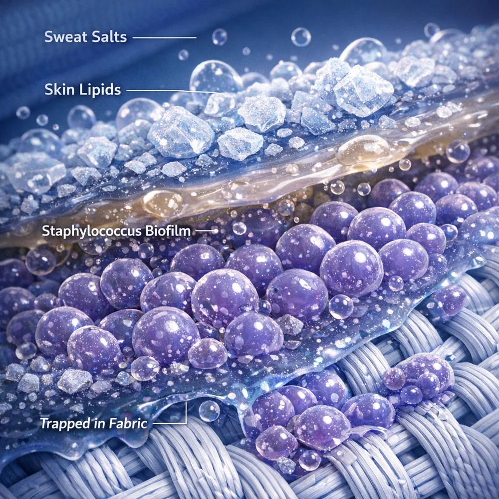 Scientific 3D model of a 'Biological Biofilm' on a Gi's collar. Shows layers of sweat salts, skin lipids, and Staphylococcus bacteria trapped in the weave. High-tech medical visualization, clinical blue and violet hues, sharp focus on microbial structures.