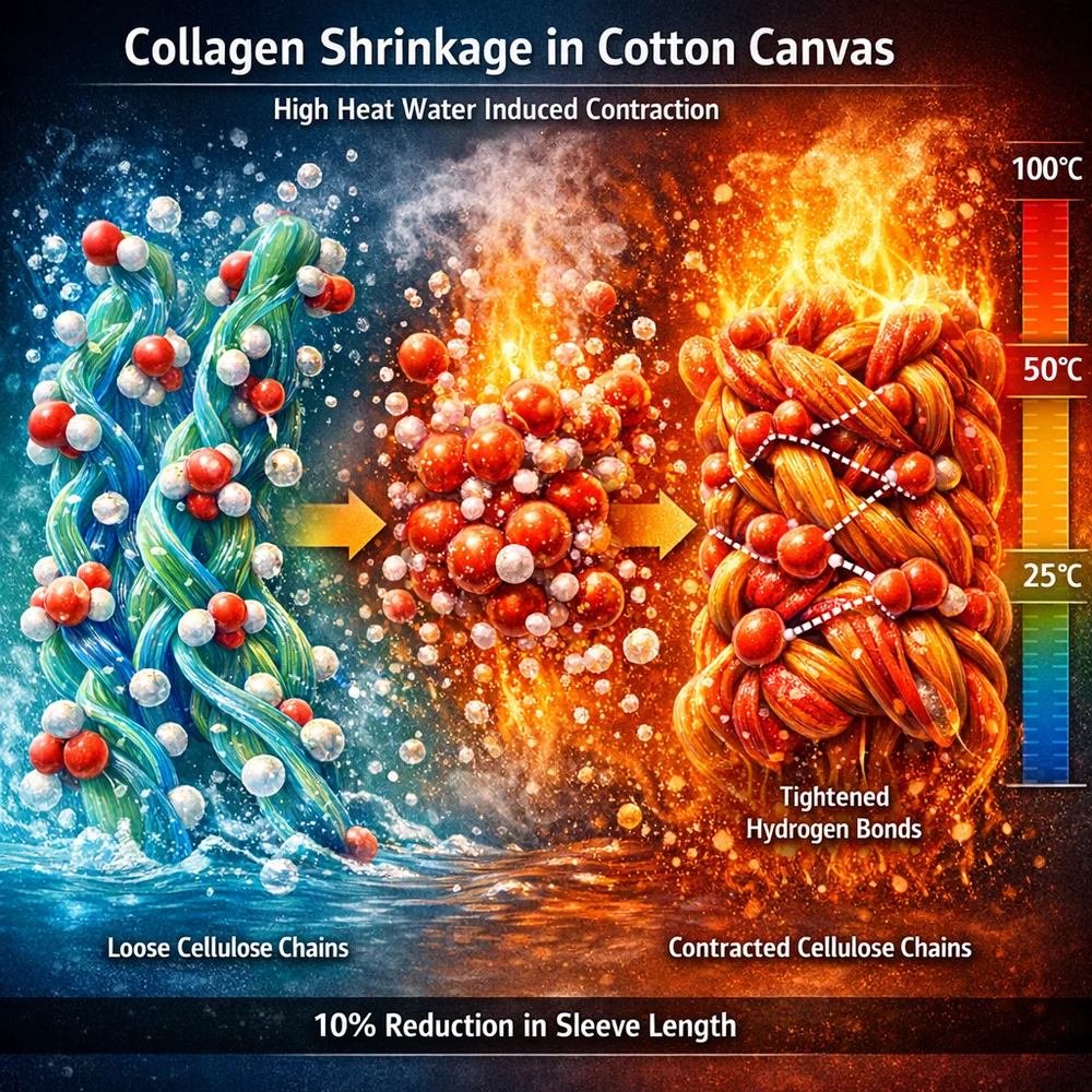 Molecular visualization of 'Collagen Shrinkage' in a cotton canvas. Shows how high-heat water causes cellulose chains to contract and hydrogen-bond tighter, resulting in a 10% reduction in sleeve length. High-tech scientific rendering, thermal color gradients, 4k.