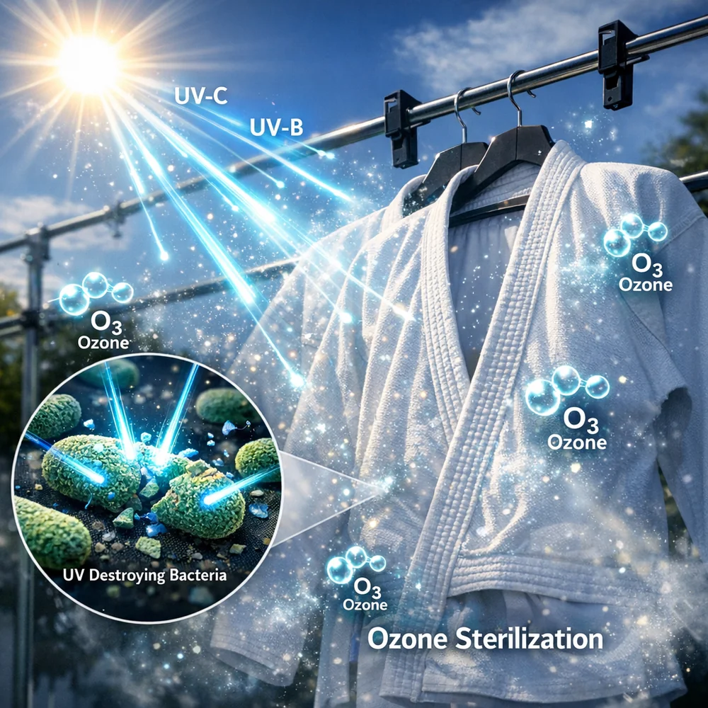 Visual representation of 'UV/Ozone Sterilization'. Outdoor sunlight photons attacking bacterial cell walls on an air-drying Gi. Shows the generation of trace ozone as a natural disinfectant. technical optics visualization, glowing particles, professional lab aesthetic.