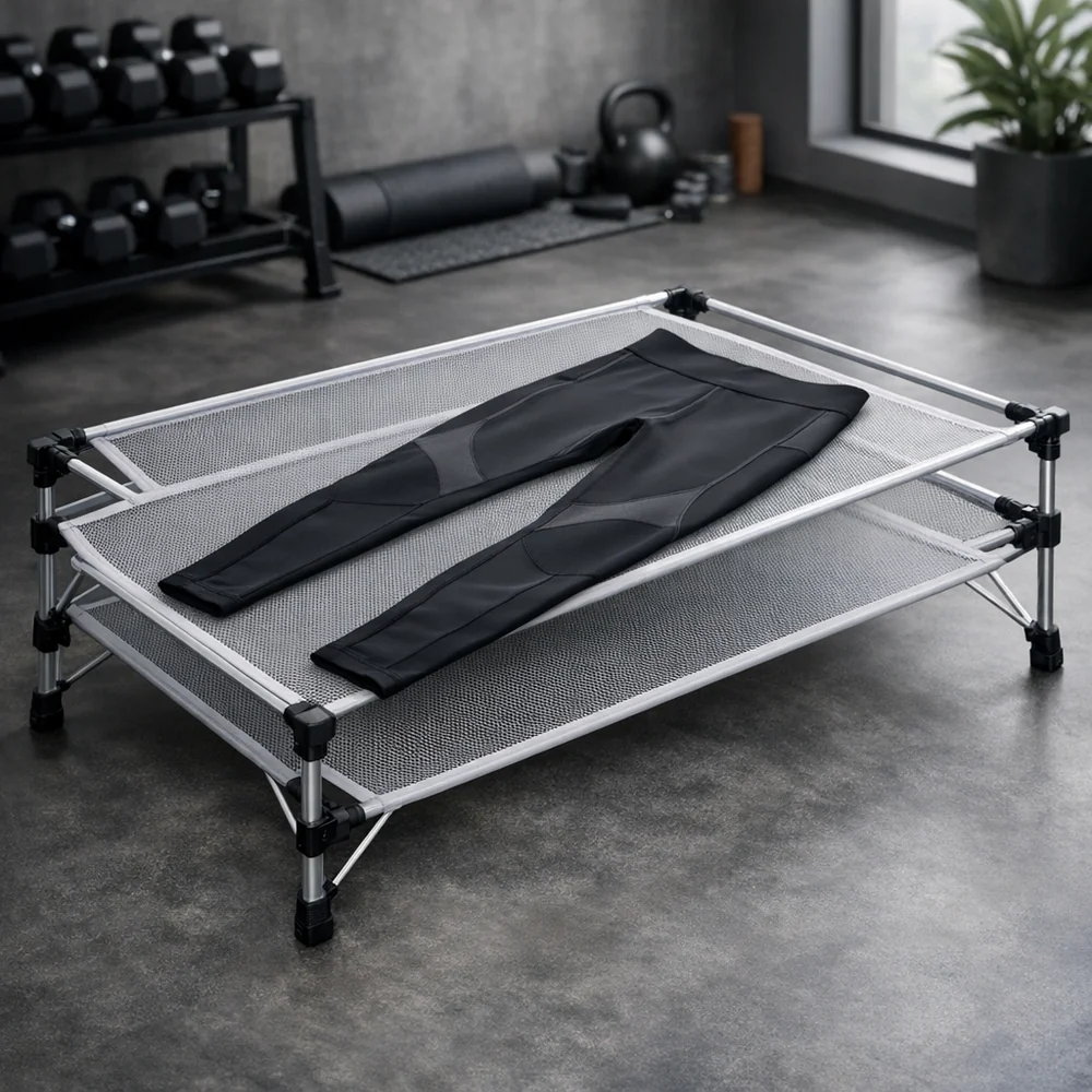 Professional setup of a horizontal mesh drying rack with a pair of high-performance compression leggings laid perfectly flat. Soft, diffused lighting, high-end fitness studio aesthetic, 8k resolution.