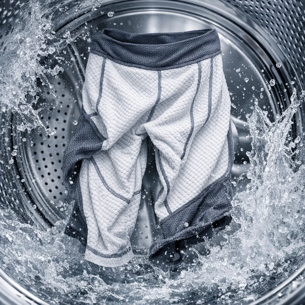 A pair of leggings shown inside-out inside a washing machine drum. The textured inner liner is facing outward, while the vibrant external print is hidden. High-speed laboratory photography capturing the water movement. Clinical aesthetic.