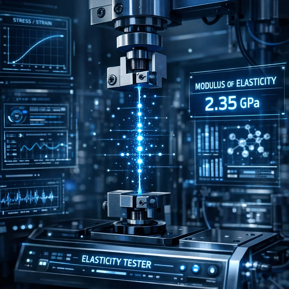 A high-tech laboratory flammability/elasticity tester holding a Spandex fiber. Glowing data points indicating the 'Modulus of Elasticity'. Scientific visualization, dark blue aesthetic, medical interface style.