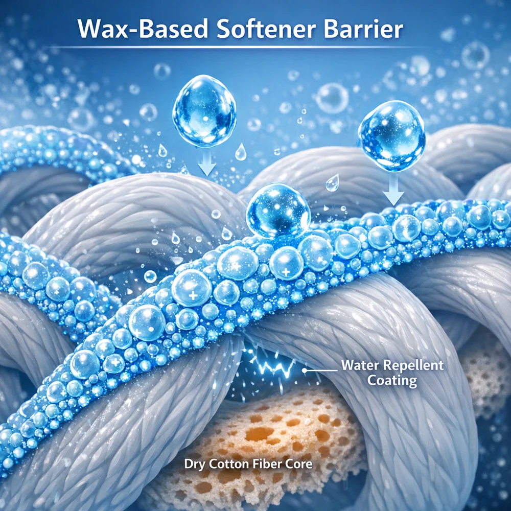 Molecular representation of 'Wax-Based Softener Barrier'. Shows a waxy film of cationic surfactants coating the cotton loops, blocking water from entering the fiber core (reducing absorbency). High-tech medical animation style, shimmering molecular layer, clinical blue.