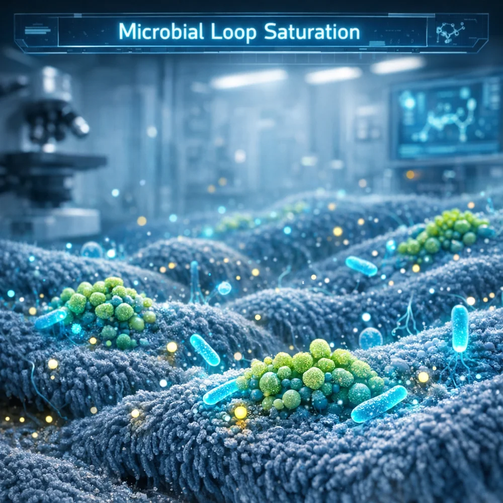 Microscopic visualization of 'Microbial Loop Saturation'. Shows bacteria colonies thriving in the deep moisture of a thick towel. High-tech scientific rendering, glowing organic markers, sterile lab background, 4k.