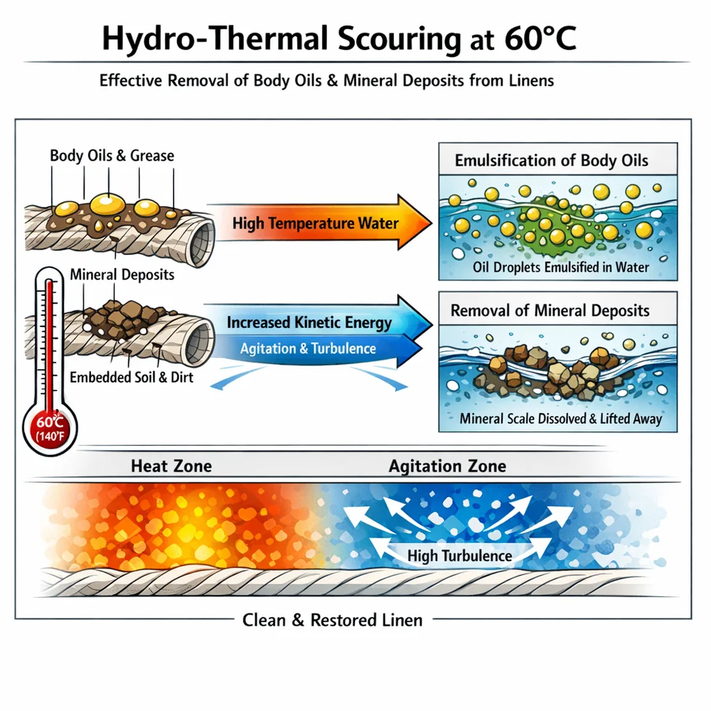 Technical diagram of 'Hydro-thermal Scouring' at 60C. Illustrates how higher kinetic energy and water temperature effectively emulsify body oils and strip mineral deposits from linens. Engineering schematic style, thermal heat maps, clean and authoritative.