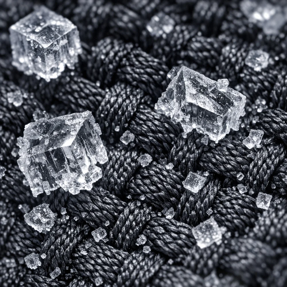 Extreme macro of salt crystals (Sodium Chloride) embedded within the nylon jersey lining of a wetsuit. The crystals are sharp and jagged. High-contrast laboratory photography, sterile aesthetic, 4k.