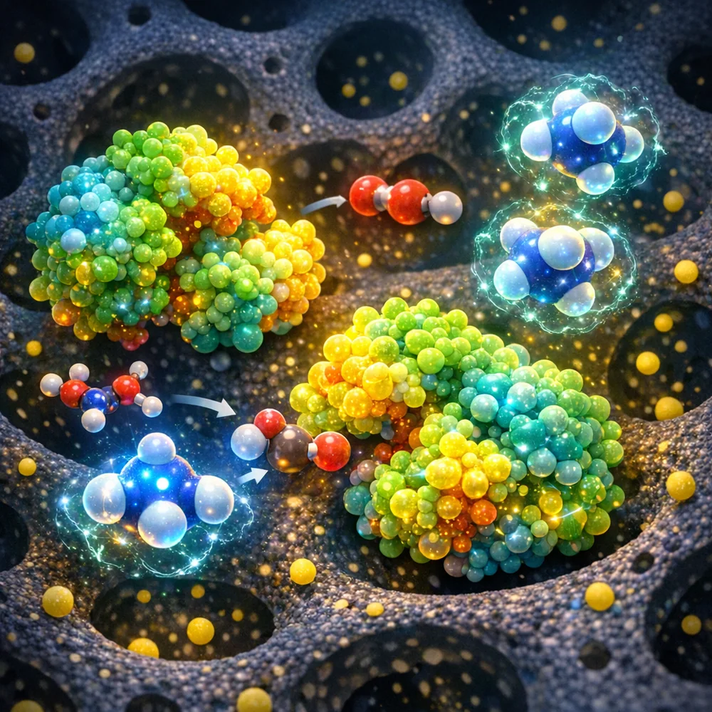 Molecular visualization of Urease enzymes breaking down Urea molecules from urine within a neoprene matrix. Ammonia (NH3) particles are being neutralized. Glowing 3D molecular structures, medical animation style.