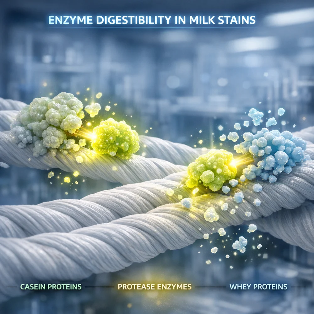 Molecular representation of 'Enzyme Digestibility' in milk stains. Shows proteases breaking down casein and whey proteins on cotton fibers. High-tech scientific rendering, glowing enzymes, clean lab aesthetic.