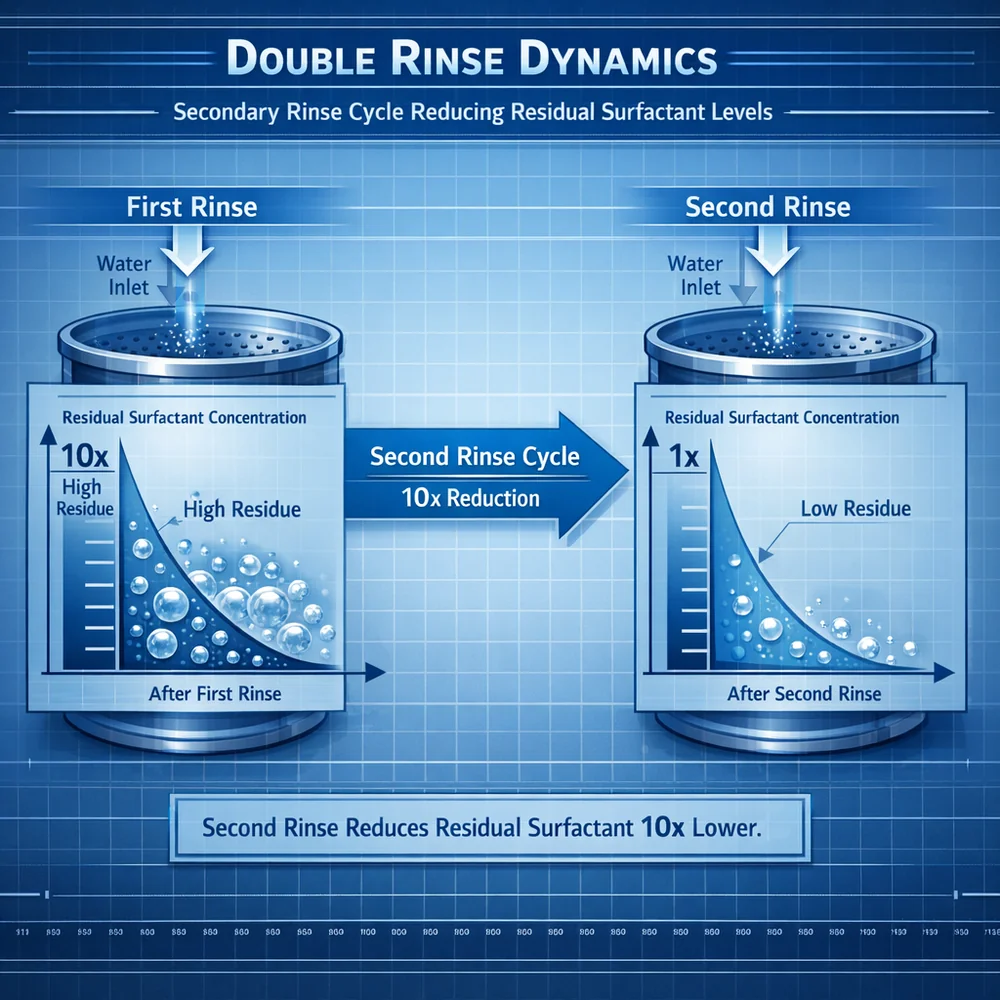 Technical diagram of 'Double Rinse Dynamics'. shows how a secondary rinse cycle reduces residual surfactant levels by a factor of ten. Engineering schematic with concentration gradients, clinical blue lighting.