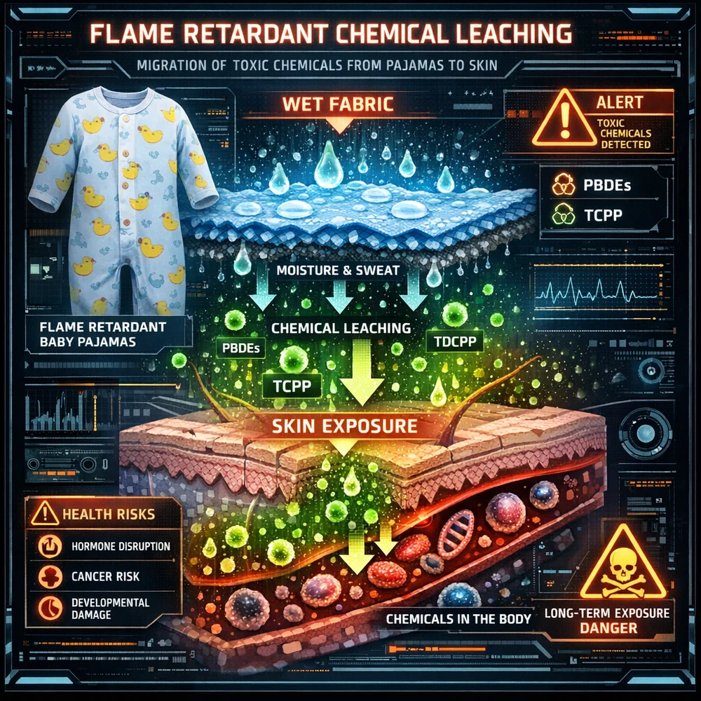 Visual representation of 'Flame Retardant Chemical Leaching'. shows how certain chemicals applied to baby pajamas can migrate to the skin when wet. High-tech medical interface, warning markers, 4k.