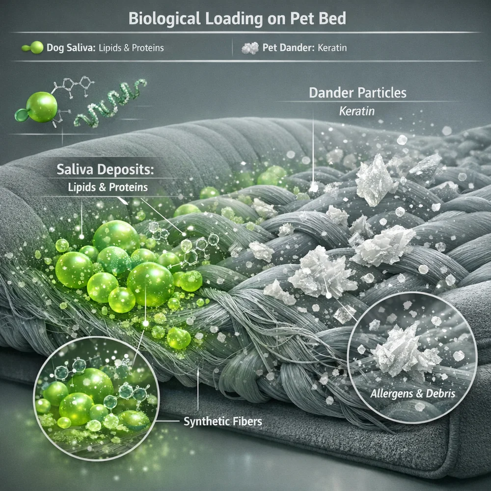 Scientific 3D model of 'Biological Loading' on a pet bed. Shows high concentrations of dog saliva (lipids and proteins) and dander (keratin) trapped in the synthetic fibers. High-tech medical visualization, clinical grey and green hues, 8k.