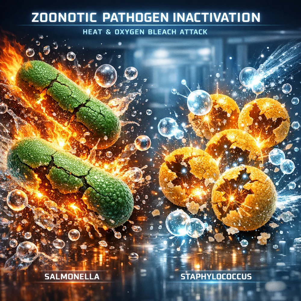 Molecular visualization of 'Zoonotic Pathogen Inactivation'. Shows high-heat water and oxygen bleach attacking the cell walls of Salmonella and Staphylococcus bacteria. High-tech medical animation style, glowing oxidative particles, clean lab aesthetic, 4k.