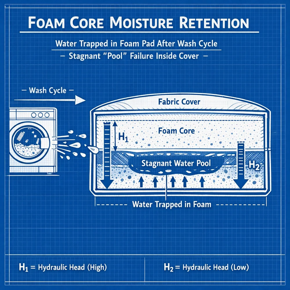 Technical diagram of 'Foam Core Moisture Retention'. Shows how water remains trapped in a solid foam pad after a wash cycle, creating a 'stagnant pool' failure mode inside the cover. Engineering blueprint style with hydraulic head markers, clinical blue.