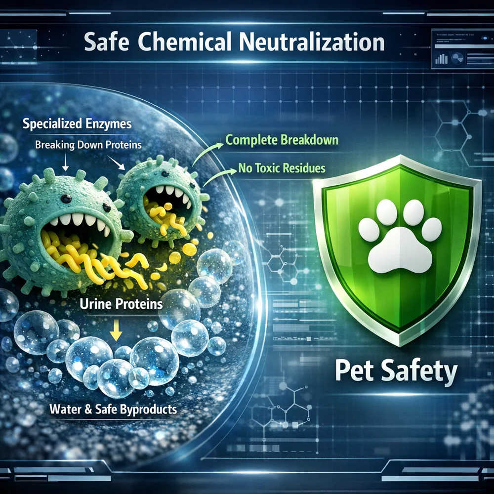 Safe chemical neutralization diagram. shows specialized enzymes 'eating' urine proteins without leaving toxic residues. A large green shield icon represents 'Pet Safety'. Professional clinical photography backdrop, high-tech interface overlay.