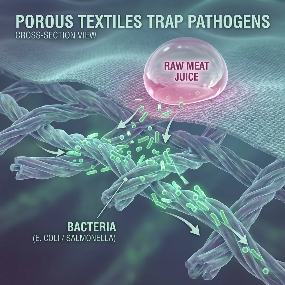 Illustration of raw chicken juice leaking onto a reusable bag fabric and bacteria infiltrating the fibers.