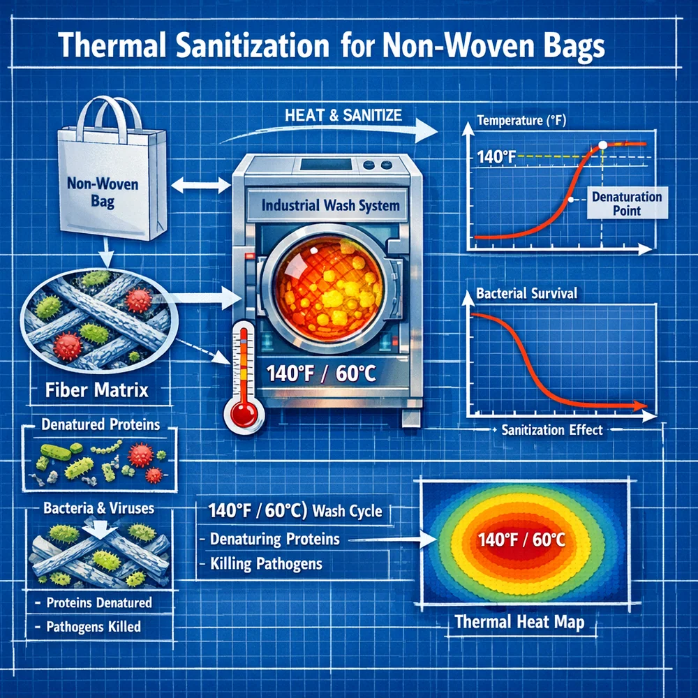 Technical diagram of 'Thermal Sanitization' for non-woven bags. illustrates the 140F (60C) wash temperature required to denature proteins and sanitize the fiber matrix. Engineering schematic, thermal heat maps, clinical blue background.