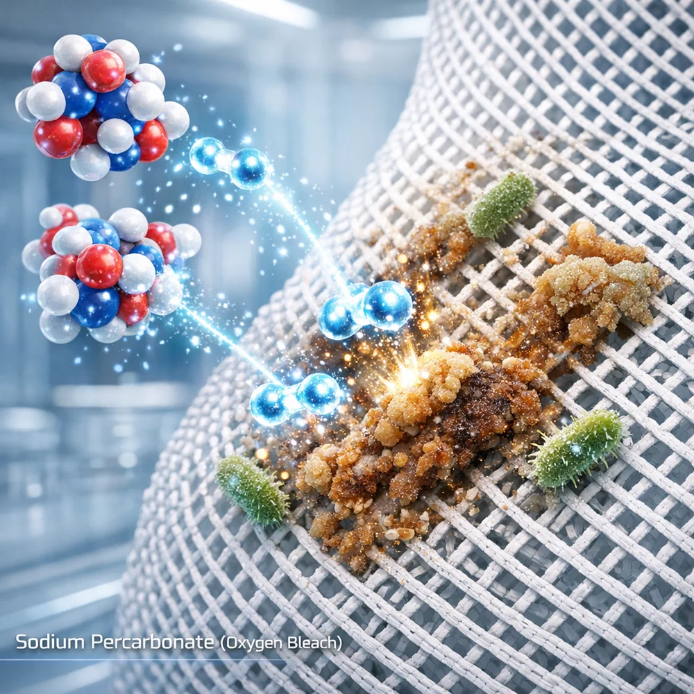 Molecular visualization of 'Oxygen Bleach' (Sodium Percarbonate) oxidizing organic food residues and bacteria on a mesh bag. High-tech medical animation style, glowing oxidative particles, clean lab aesthetic.