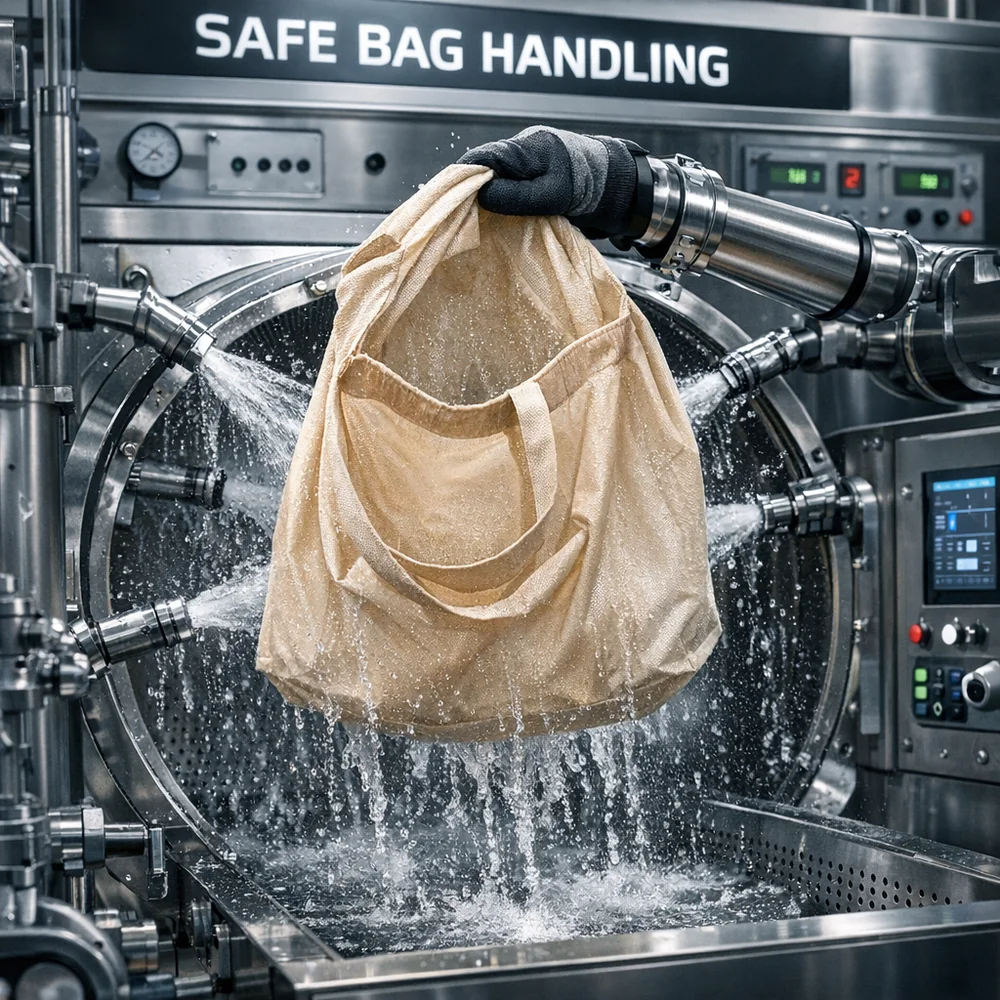 Professional setup of 'Safe Bag Handling'. features a grocery bag being turned inside-out for a deep-cleaning rinse cycle. High-tech industrial photography, 8k resolution, professional lighting.